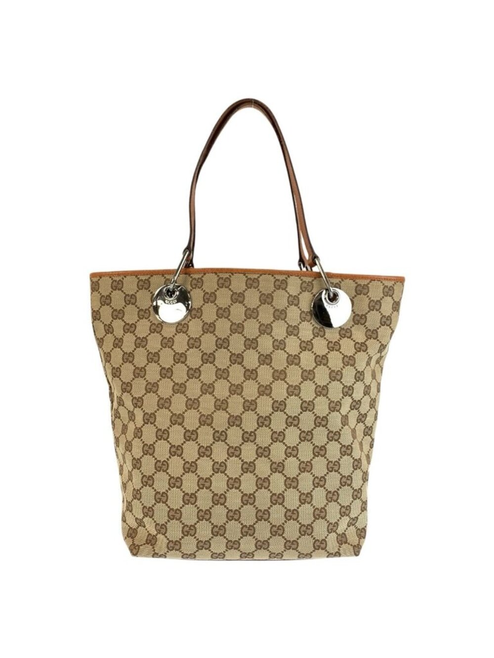 Gucci Beige Brown Silver GG Canvas Leather Tote Shoulder Bag